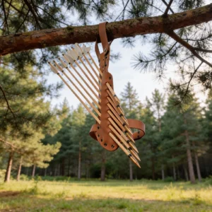 Skórzany kołczan z drewnianymi strzałami zawieszony na gałęzi sosny w leśnej scenerii